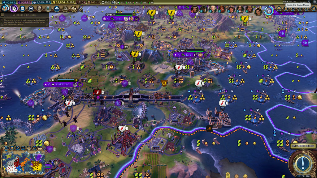 Screenshot of a game where all the coastal tiles are filled with Fisheries