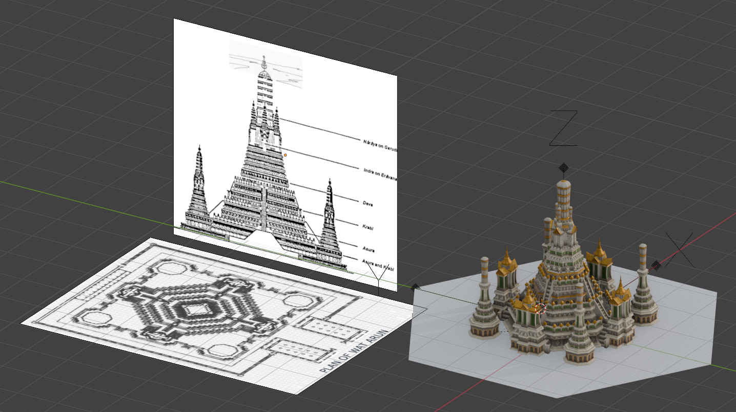 The model of Wat Arun with reference diagrams in Blender