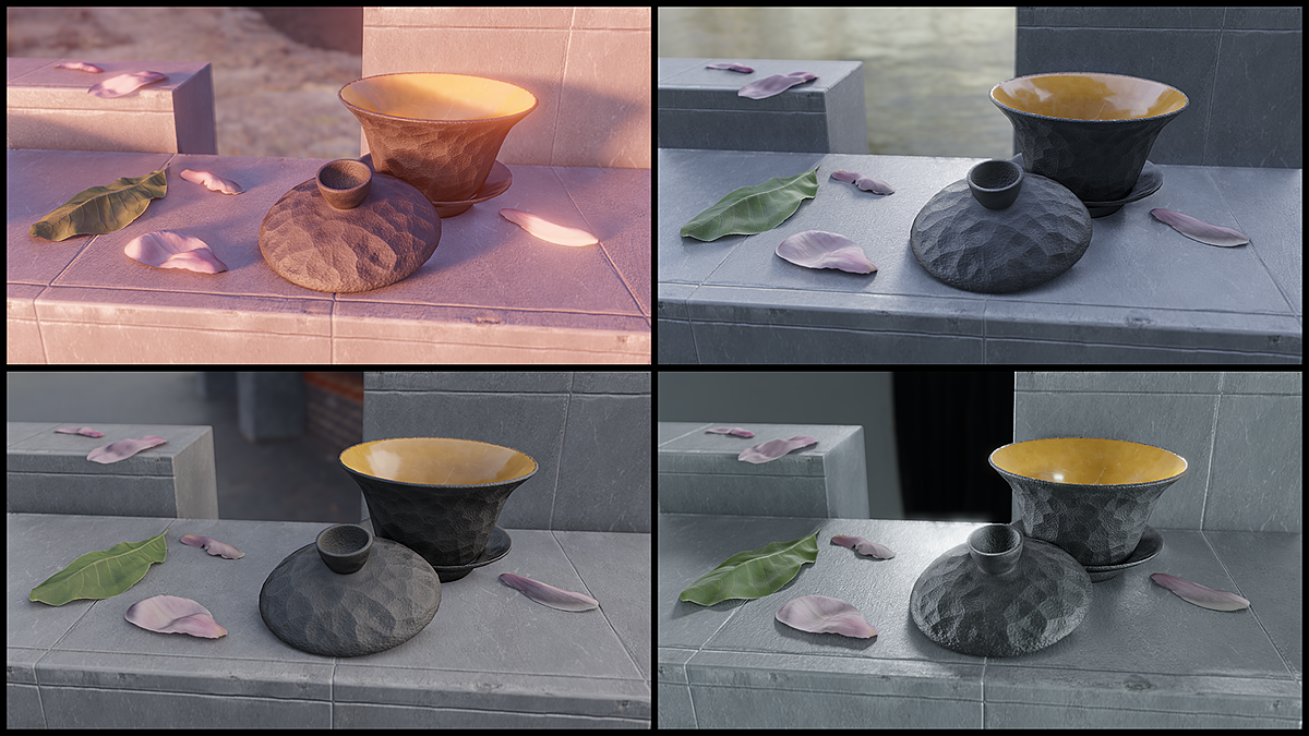 The plugin showcase scene with different lighting setups. The lighting was all setup with the HDRI Skylight Manager.